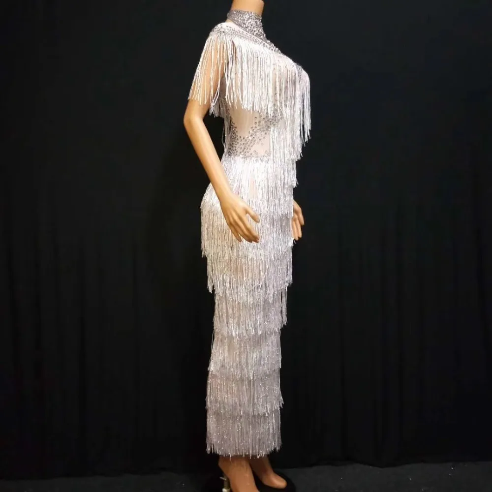 2020 Women New Sexy See Through Mesh Crystal Tassels Long Dress Prom Celebration Star Singer Host Stage Outfit Dance Costume