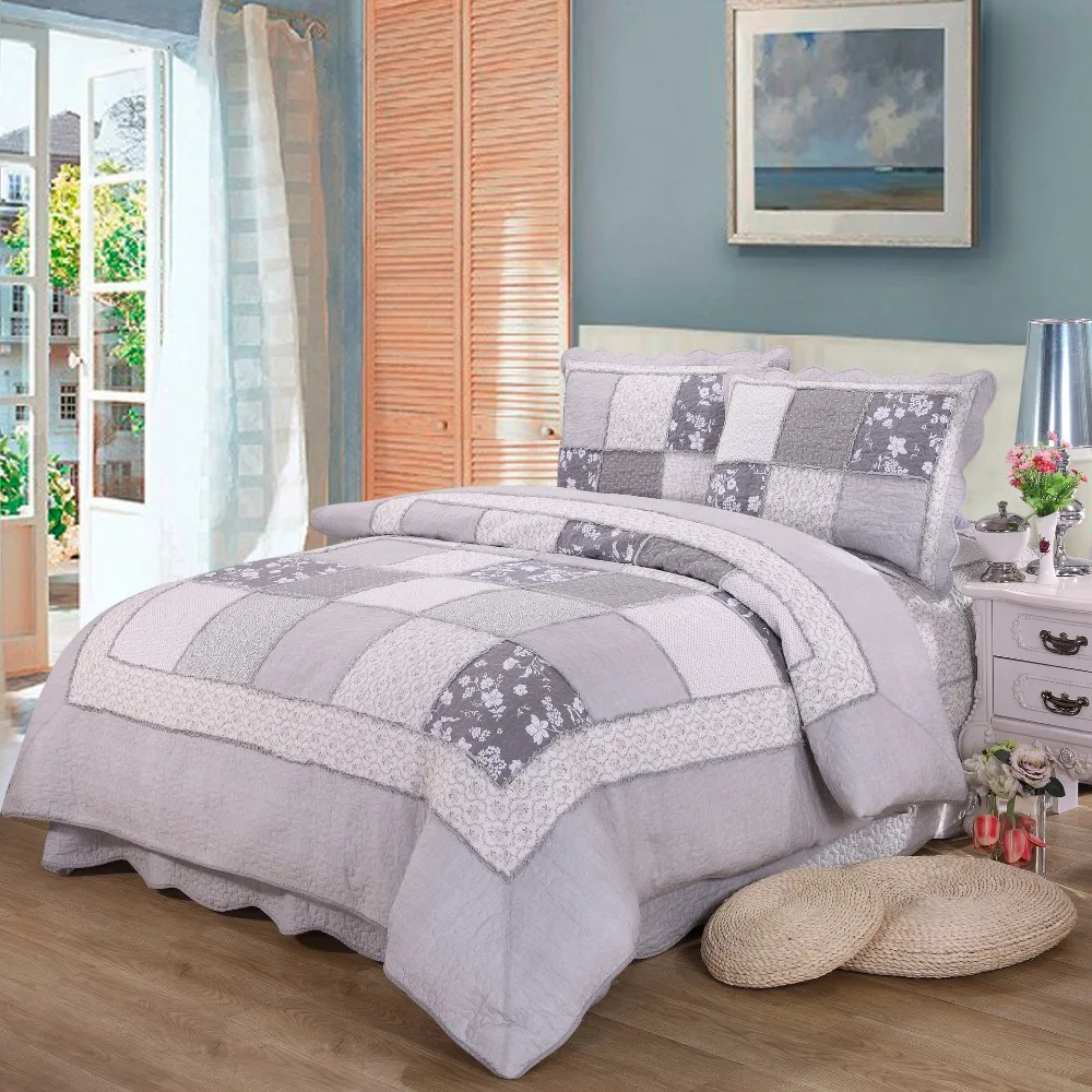 Quality Gray Patchwork Quilt Set 3PCS/4pcs Quilted Cotton Quilts Bed Covers Bedspread Duvet Cover King Size Bedding Coverlet