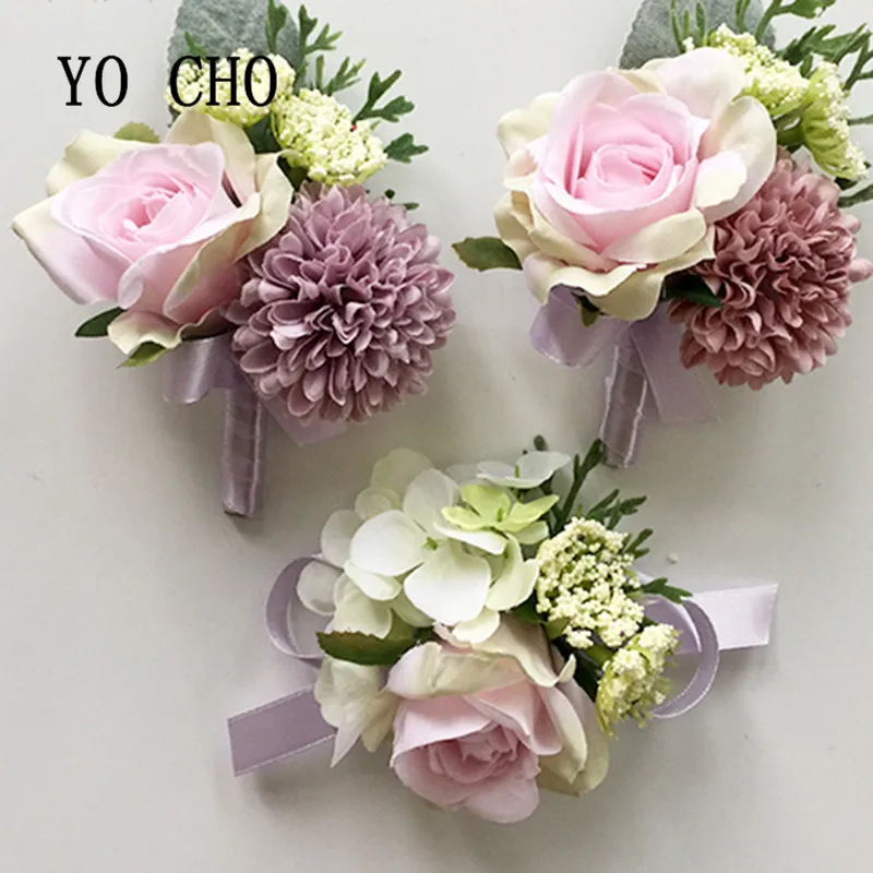 

YO CHO Bridesmaids Berries Pink Rose Groom Boutonnieres Ribbon Succulent Bracelet Wedding Prom Wrist Corsage Bridal Hand Flowers