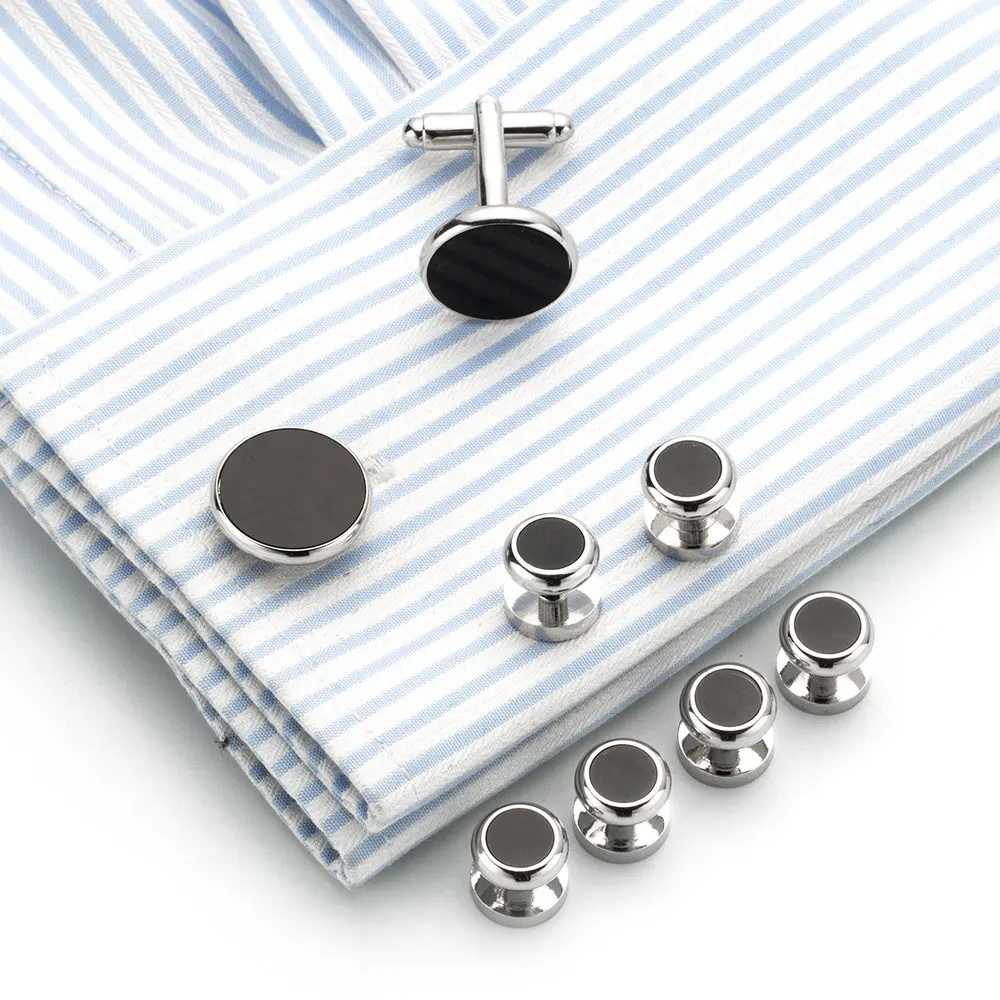 VAGULA Cufflinks Studs in 8PCS Set Black Stone Gemelos Brass Tuxedo Collar Stud Set Bonito Gemelos 530