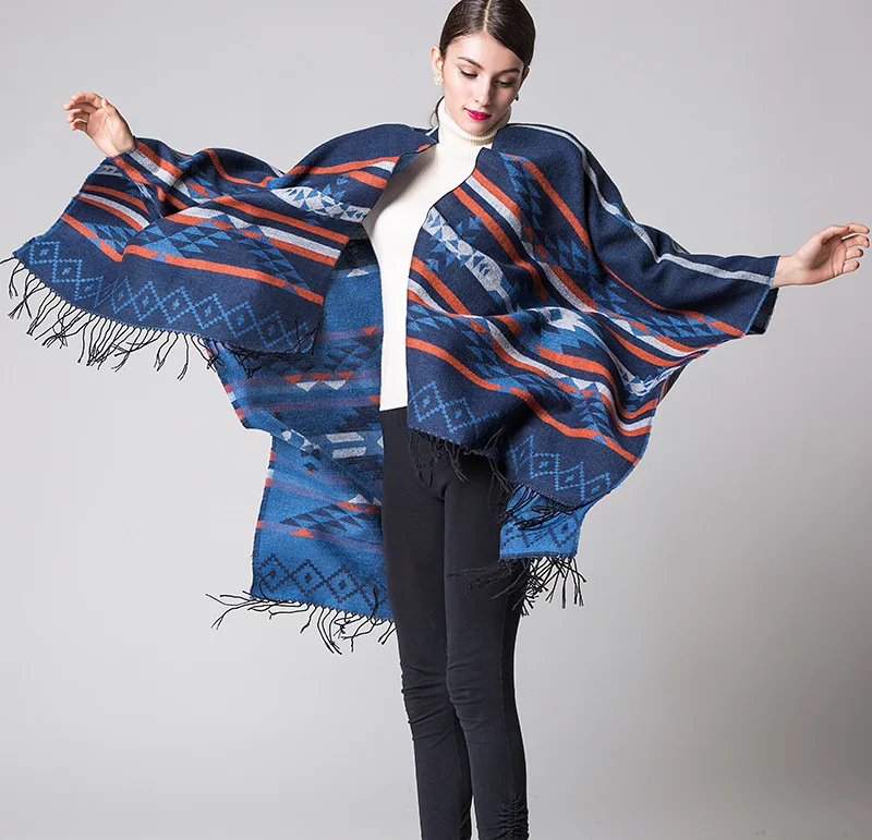 

Geometric Split Fork Cape Cloak Women Capes & Ponchos Rhombus Tassel European and American Autumn Winter Folk Wind