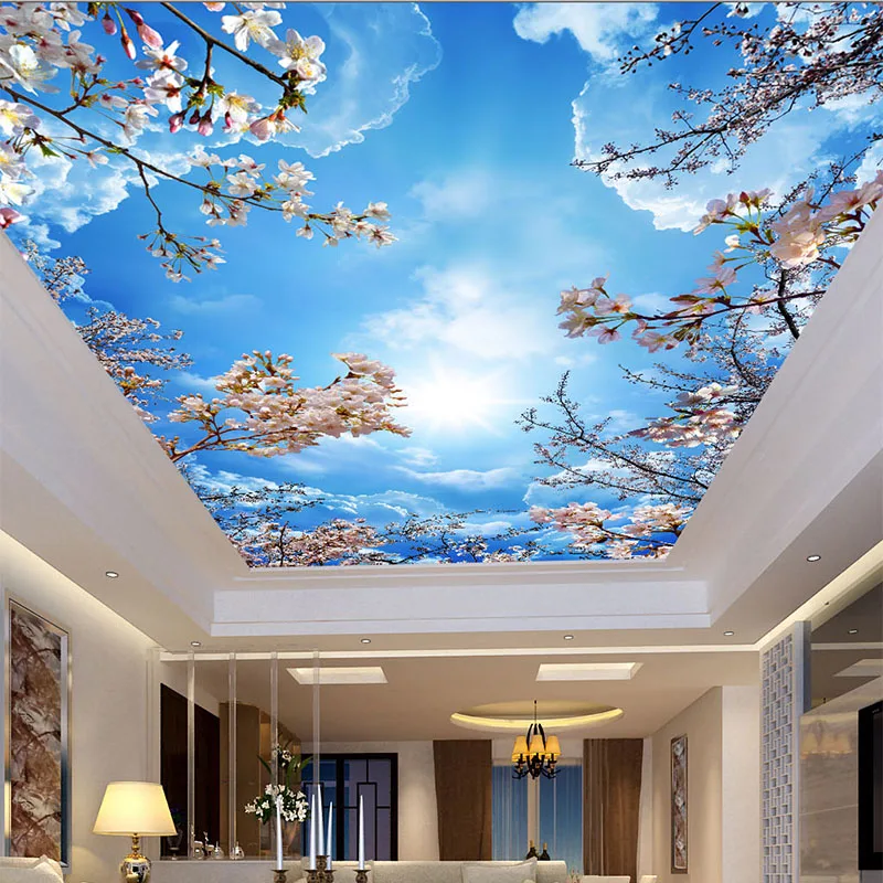 

Custom Mural Wallpaper 3D Blue Sky White Clouds Cherry Blossom Ceiling Zenith Mural Living Room Dining Room Home Decor Fresco