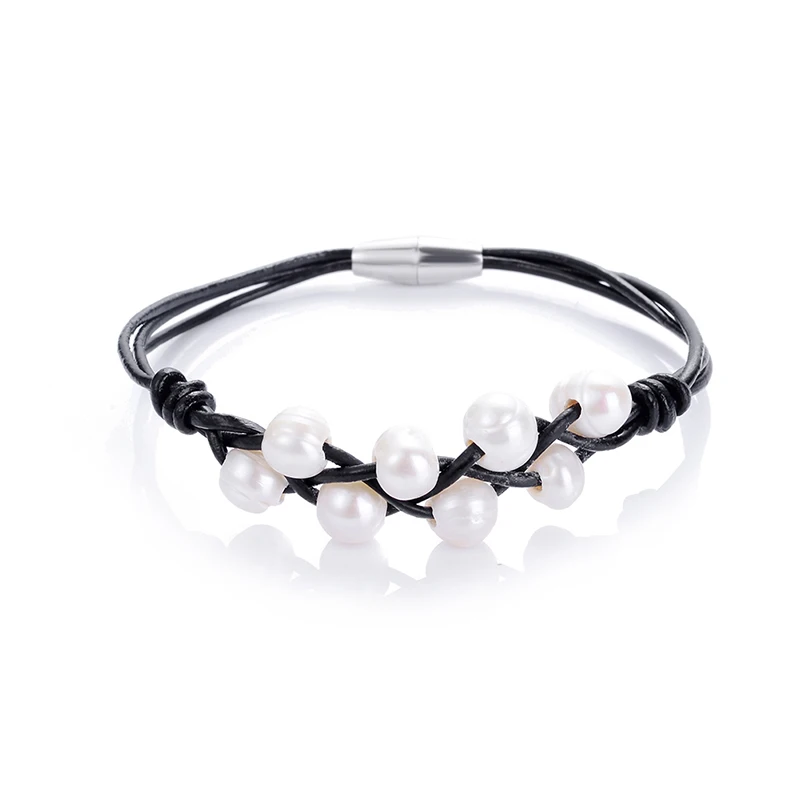 Trendy Natural Freshwater Pearl Beads Multicolor Geniune Leather Braided Cord Magnetic clasp beaded bracelets women men