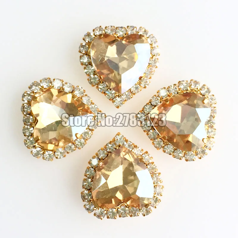 Golden champion 12mm 10pcs/20pcs heart AAA Glass Crystal buckle, gold base sew on rhinestones diy/clothing accessories SKHJ05