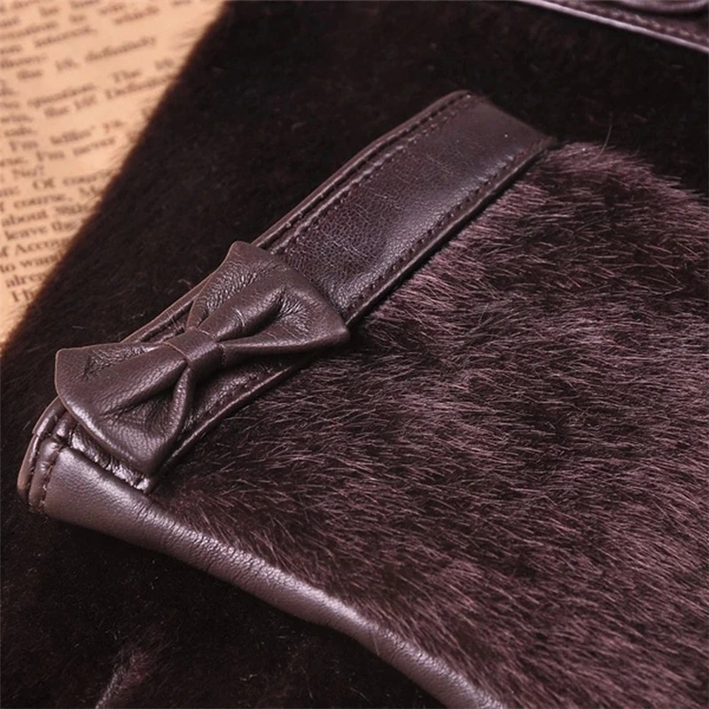 Goatskin Genuine Leather Glove Fashion Top Wrist Fur Bowknots  Women Thicken Winter Solid Sheepskin Glove Velvet Lining L152NC-5