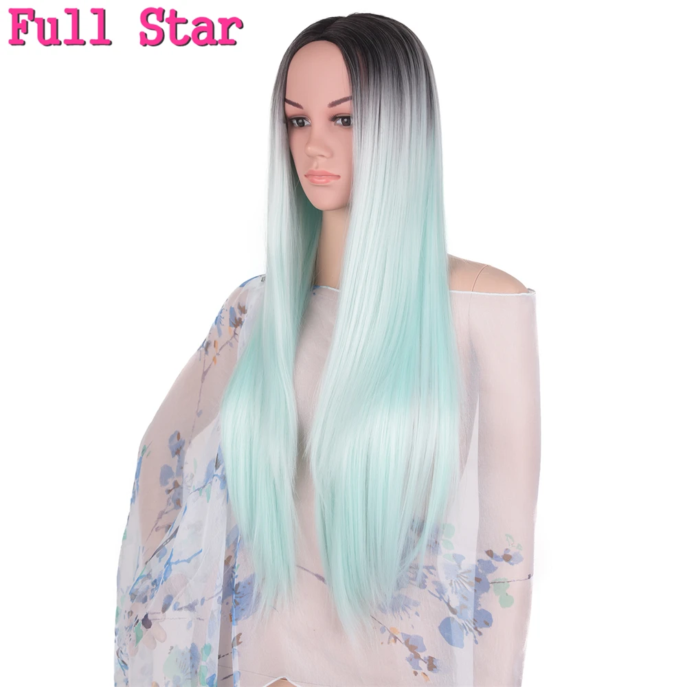 

Full Star Black Ombre Gray Wig Synthetic Hair 60cm 280g Long Silky Straight Full Head Black Grey Wigs for Women Hair