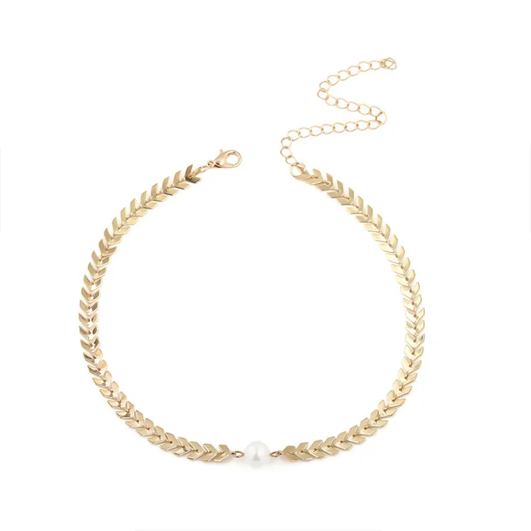 2018 Round Fish Bone Flat Shape Gold Necklace Simple Flat Chain Jewelry Personality Simple European Style Wave Pearl Necklace