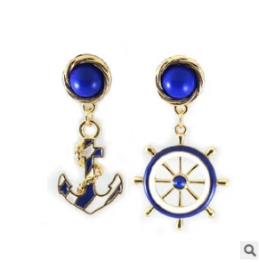 20pairs/Lot Wholesale Fashion Jewelry Blue Enameled Stone Gold Chain Tredny Wheel Nautical Anchor Earrings for Women