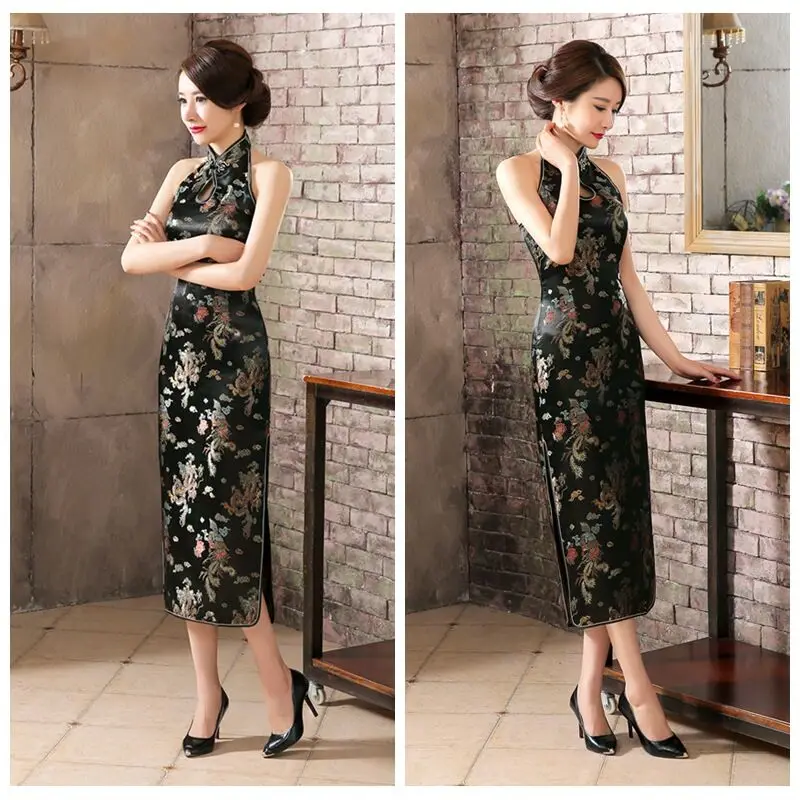 Black Long Cheongsam Traditional Chinese Style Womens Backless Costume Dress New Satin Slim Qipao Vestido Size S M L XL XXL XXXL