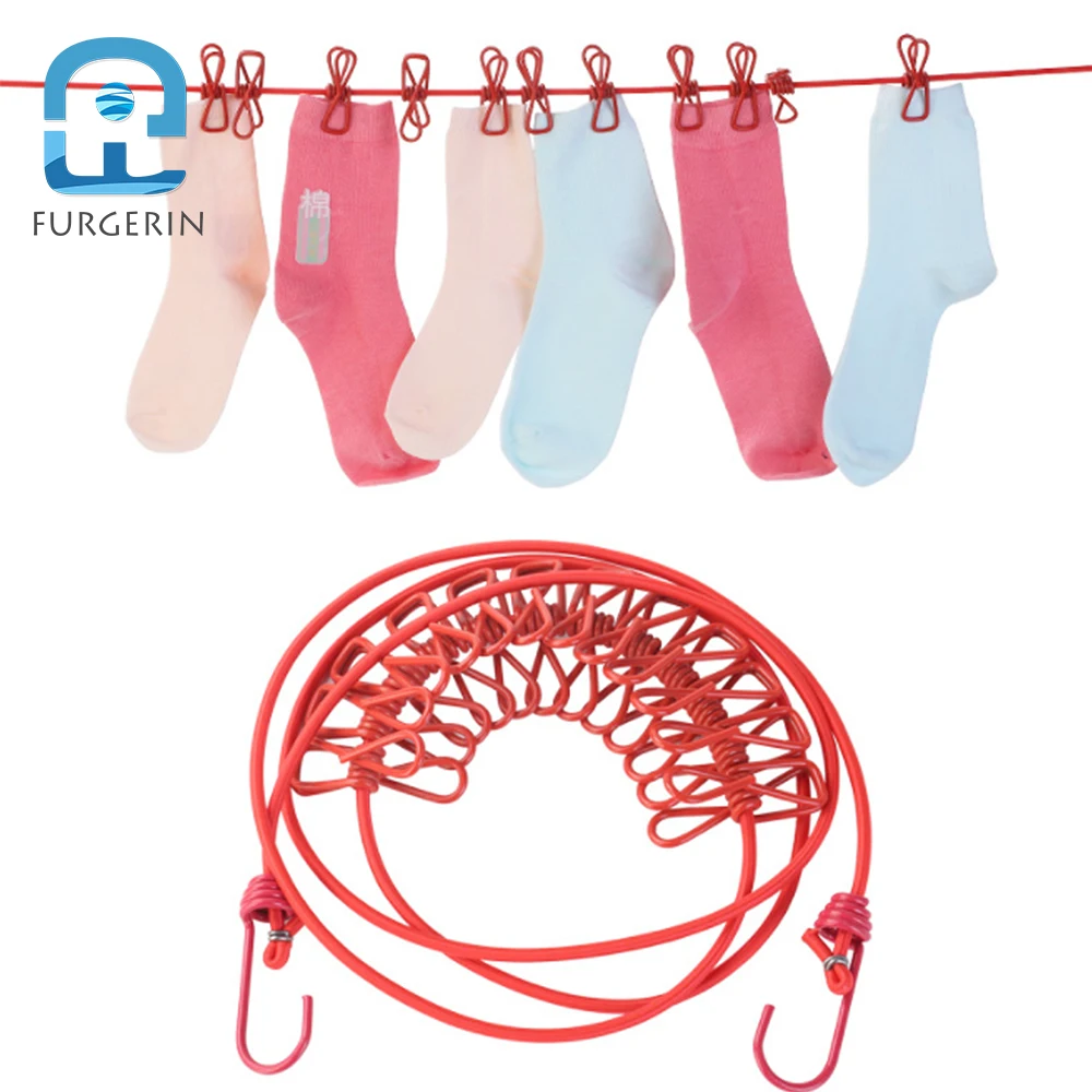 FURGERIN-Outdoor Retractable Clothesline Rope with 12 Clips, Drying Rack, Laundry Hanger, Shirt Folder