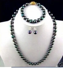 Natural WOMEN 8-9MM PERFECT TAHITIAN BLACK PEACOCK GREEN PEARL NECKLACE BRACELET