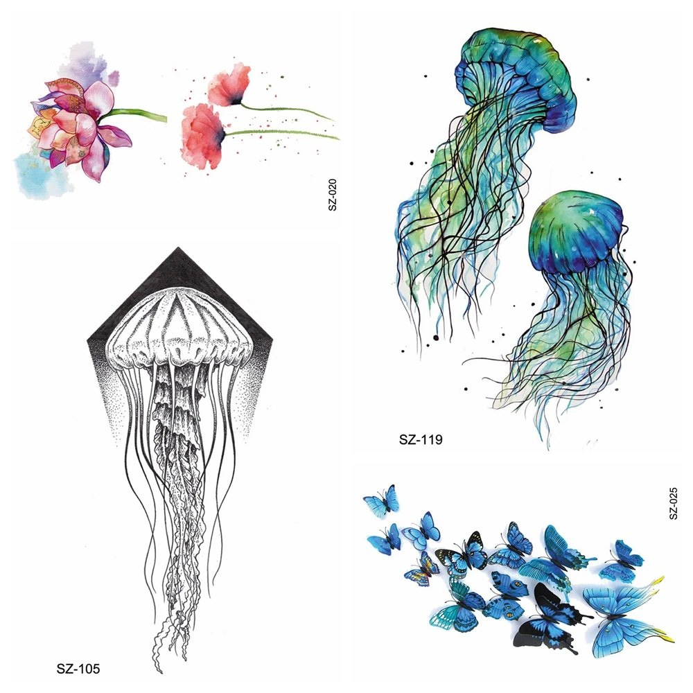 

Акварельные Медузы татуировки Временные наклейки женские цепочки на руку бабочка фальшивые татуировки детские руки цветок водостойкие татуировки Рождество