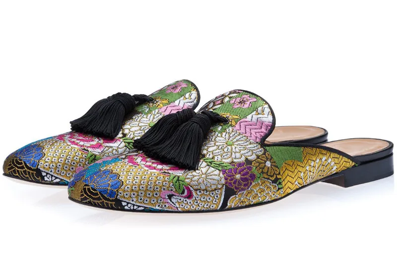 SHOOEGLE Men Slip on Casual Outside Slides Half Shoes Embroidered Loafers Men Smoking Slippers Summer Trending Shoes Man