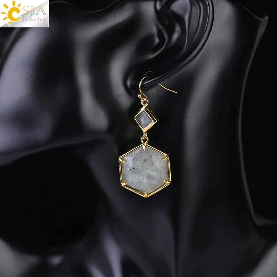 CSJA Women Drop Earrings Prong Setting Geometric Gems Jewelry Double Side Faceted Hexagon Natural Stone Labradorite Earring F409