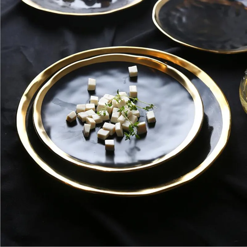 European Style Gold Side Black Plate Retro Matte Steak Dish Dessert Tray Kitchen Dinner Plates Ceramic Dishes Bowls1pcs