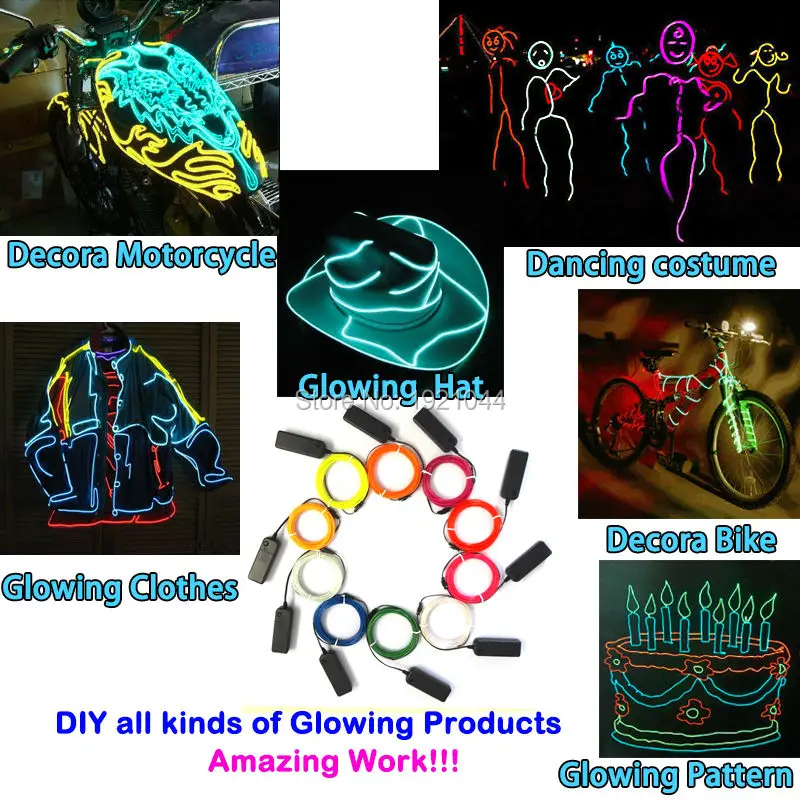 Flexible Neon Light Glow Rope Tape, EL Wire, Car, Easter Decoration with USB Inverter, 10 Colors, 2.3mm, 1-5 m