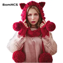 BomHCS Very Cute Big Beanie with Scarf Funny Fox Ears Cat Ear Hat 100% Handmade Knitted Winter Warm Cap