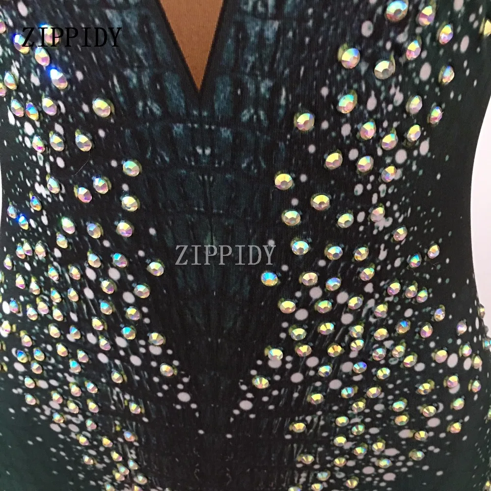 Glisten AB Rhinestones Sexy Women Green Jumpsuit Costume Big Stretch Female Singe Nightclub Performance Stage Wear Dance Rompers