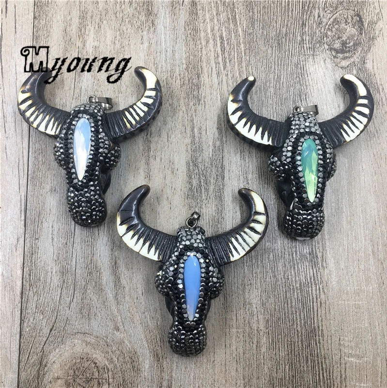 Tribal Buffalo Bull Skull Pendant with Opal and Gunblack Toned Rhinestone Paved  MY1897