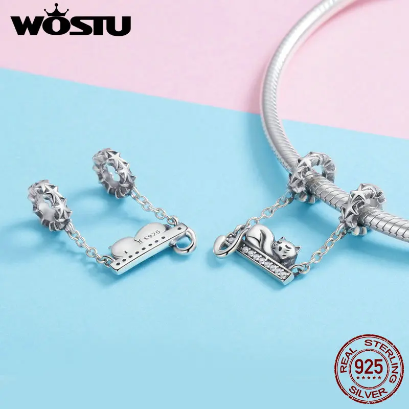 WOSTU Genuine Sterling Silver Cute Cat Lying Swing Clear CZ Charms fit Bracelet Pendant Bead Women Fashion Jewelry Gift CQC856