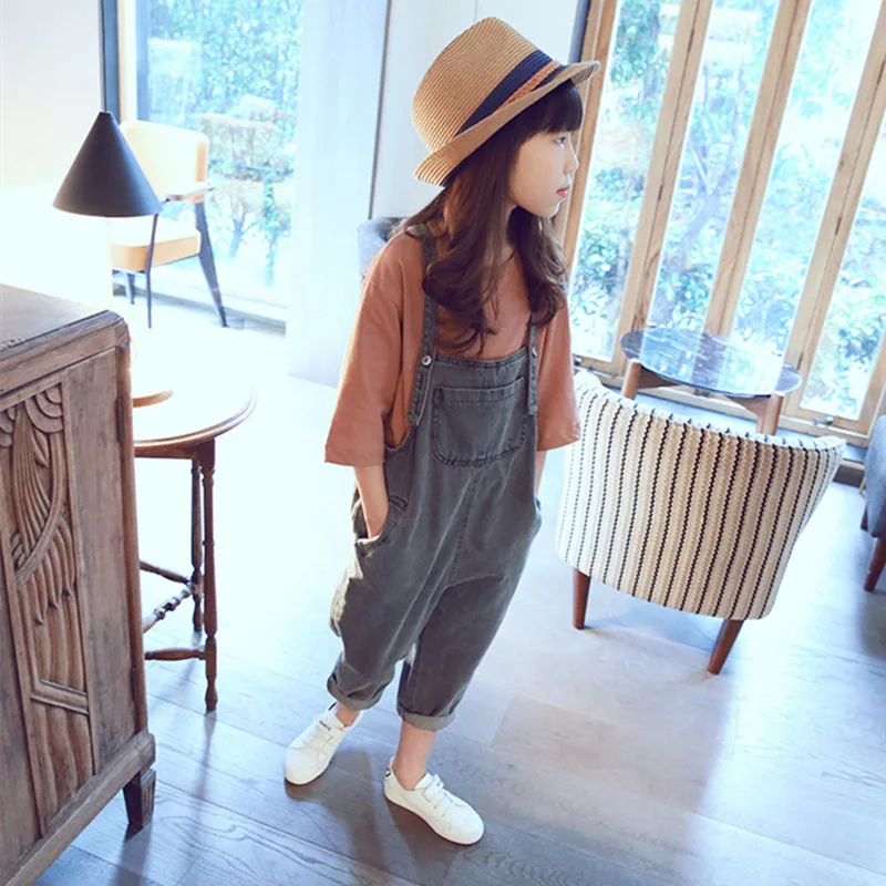 

2023 Fashion Korean Girl Suspender Trousers Cotton Loose Toddler Cowboy Overalls Kids Denim Jumpsuit For 2-8Years