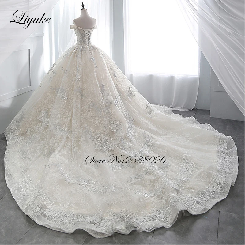 Liyuke Luxurious Vintage Ball Gown Wedding Dress Appliques Lace Beading Chapel Train  Lace Up Bridal Dress