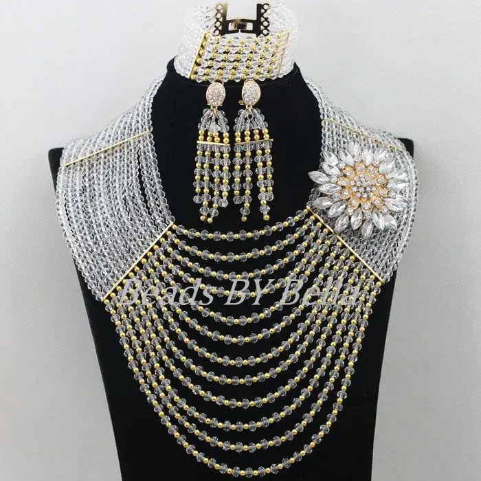 

Exclusive 12 Layers Crystal Beads Nigerian Wedding African Beads Jewelry Set Bridal Jewelry Sets Necklace Free Shipping ABF317