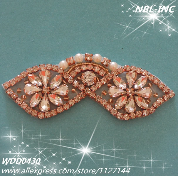 

(30 pieces) Rose gold crystal bridal beaded rhinestone applique for wedding dress sash DIY iron on WDD0430