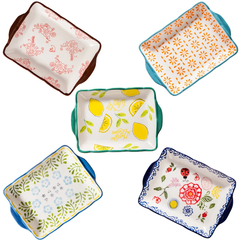 Bandeja rectangular de placa de cerámica, plato de comida, horno para hornear binaural, bandeja para hornear queso, bandeja para hornear de cerámica pintada a mano creativa, 1 unidad