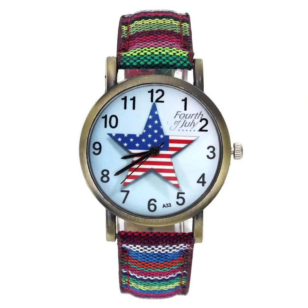 Pentagrama celebración del 4 de julio bandera de EE. UU. accesorios de moda rayas tela vaquera banda de lona reloj de pulsera de cuarzo