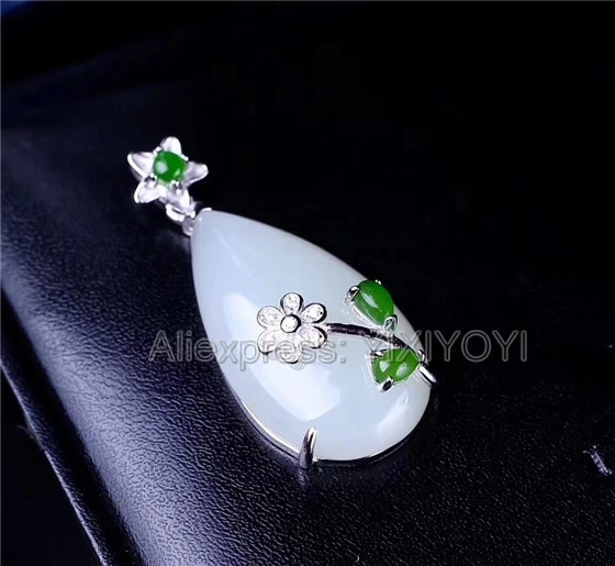 925 Sterling Silver White Green HeTian Jade Inlay Water Dropping Dangle Lucky Pendant + Chain Necklace Charm Fine Jewelry Gift