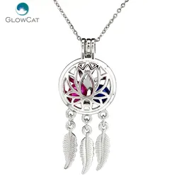 K731 Silver Color Alloy beauty Dream Catcher Lotus Leaf Pearl Cage Pendant Chain Aroma Essential Oil Diffuser Locket Necklace