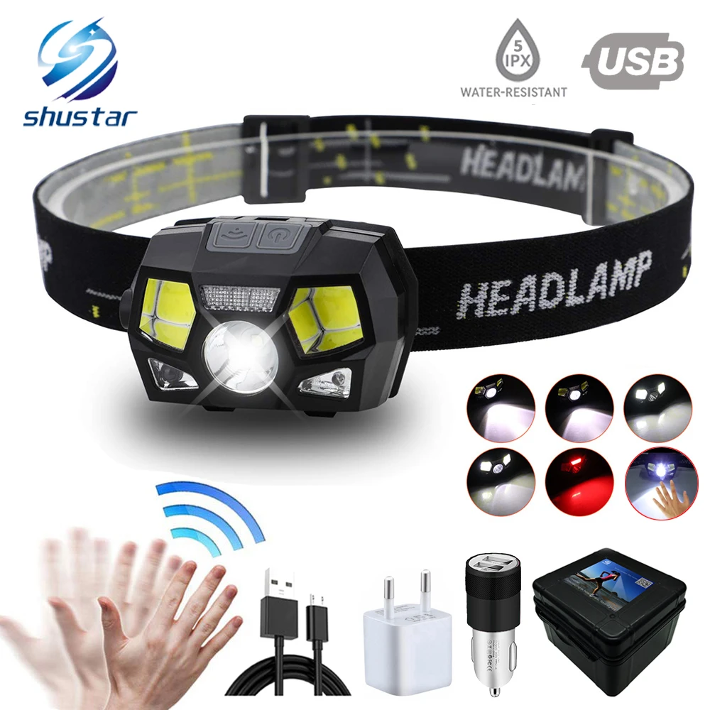 Super bright  LED Headlamp Built-in inductive sensor USB rechargeable 6 lighting mode LED Headlight for running, fishing, etc.