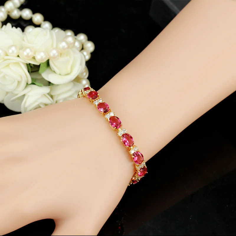 CWWZircons Classic Yellow Gold Color Round Fuchsia Red AAA Cubic Zirconia Crystal Connected Bracelets Bangles for Women CB047