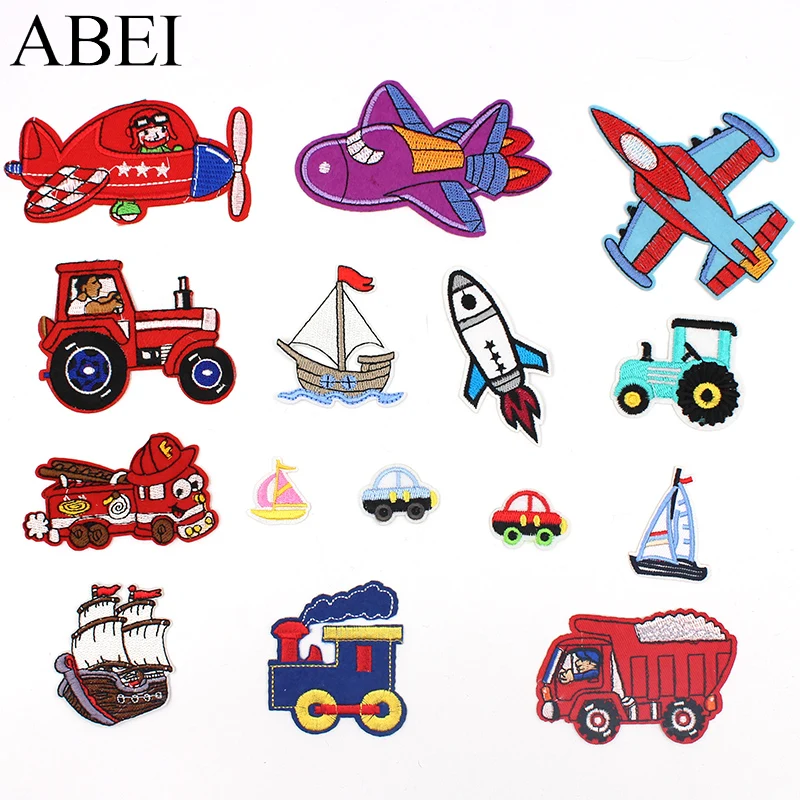 Mix Vehicle Patches Embroidered Cartoon Airplane Train Car Truck Boats Sewing Appliques DIY Children Clothes Stickers