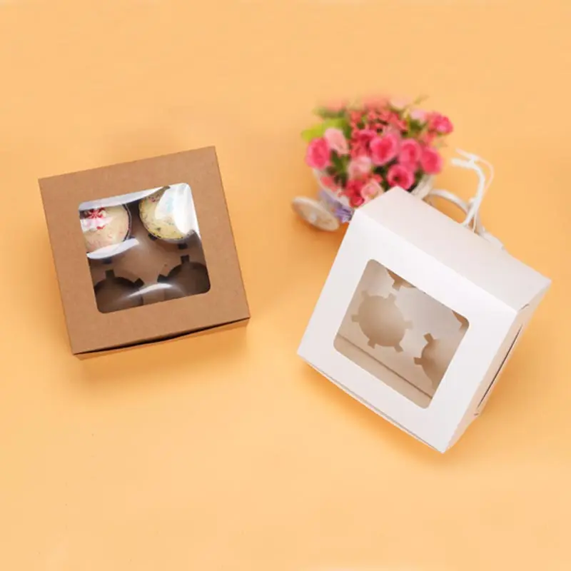 50pcs 16*16*7.5cm 4 grid brown Packaging kraft Paper Muffin window Box For Candy\Cake\Dessert \party Packing boxes