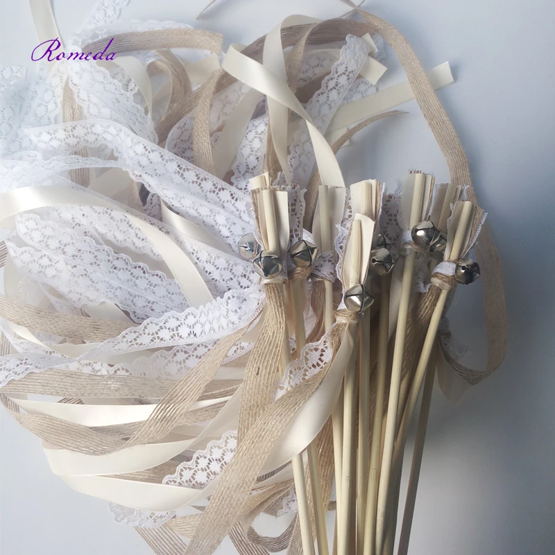 New  30/20/10pcs/lot Champagne + jute + lace wedding Ribbon Wands stick Confetti Stream with big sliver Bells for wedding party