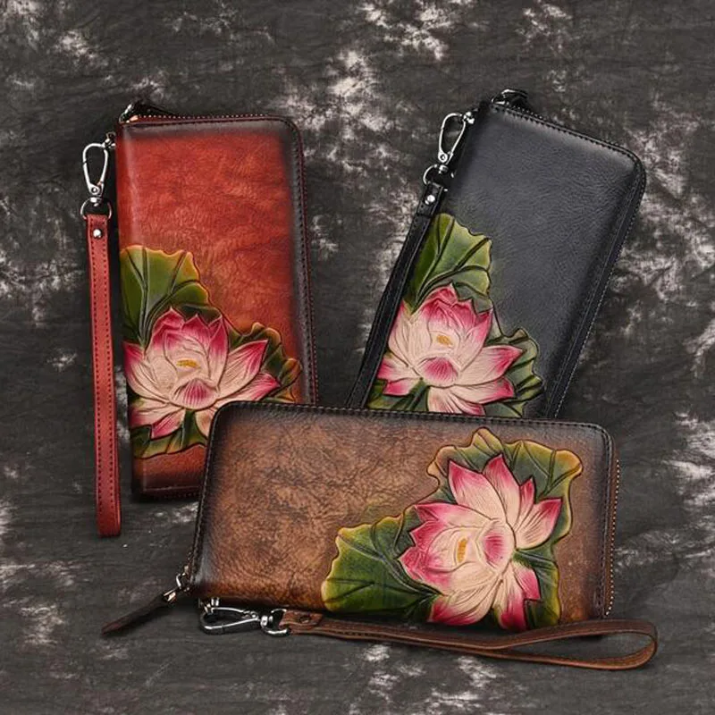 

Embossing Leather Wallet for Women Clutch Bag Zipper New Vintage Flower Long Purse Clutch Female Wallet