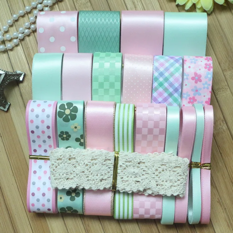 24 Yards/Set---DIY Hair Bow Material Pink/Light Green Color Mix Beauty Ribbon Set