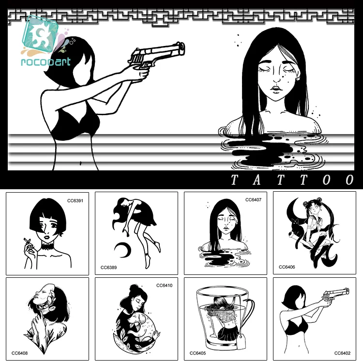 

Rocooart 6X6MM Sexy Tattoo Mask Veil Woman Taty Old School Fake Tatoo Body Art Temporary Tattoo Sticker For Female