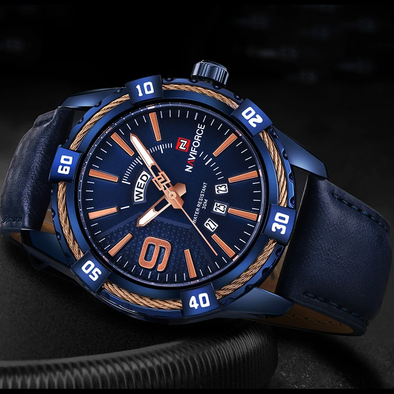 NAVIFORCE Blue Quartz Watch Men Military Waterproof Casual Sport Wrist Watch Male Fashion Leather Strap Clock