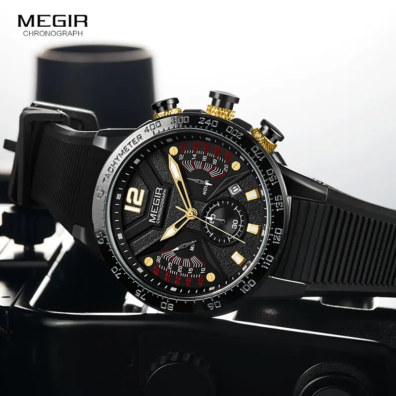 MEGIR Men\'s Army Sport Quartz Watches Silicone Band Chronograph Waterproof Luminous Wristwatch Man Relogios Masculino 2106 Black