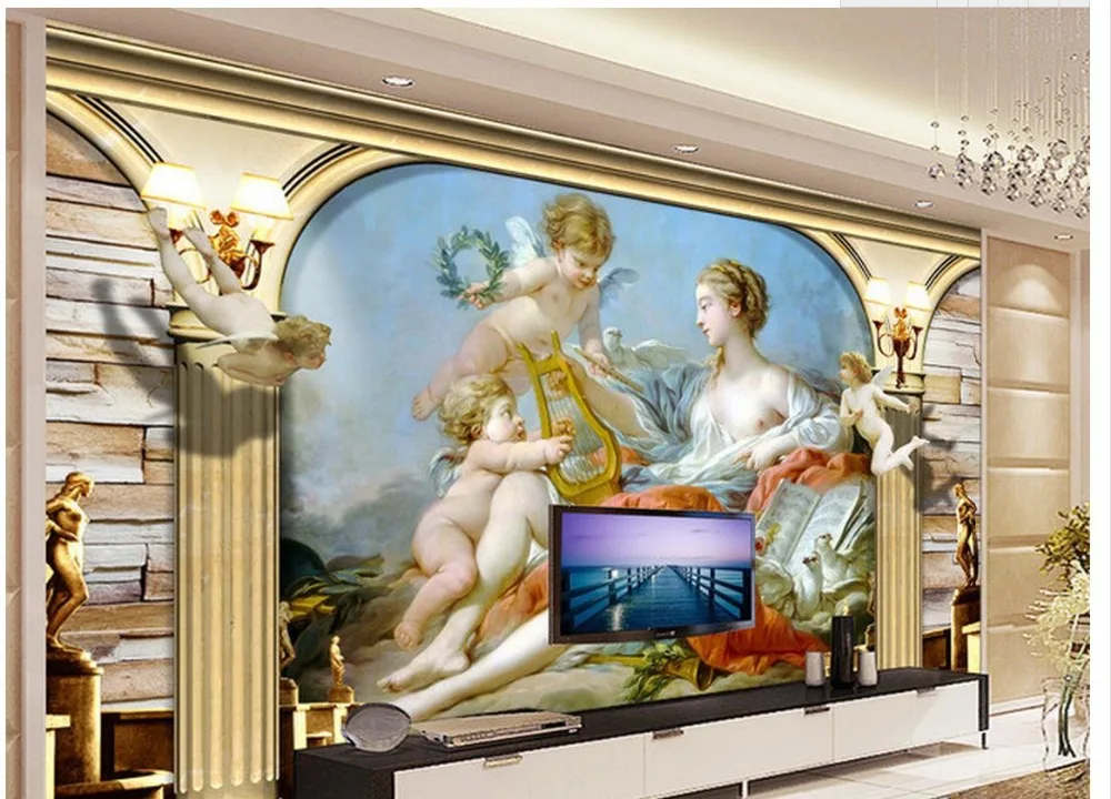 Home Decoration 3d customized wallpaper  3D European character oil painting angel TV backdrop wall 3d wallpaper