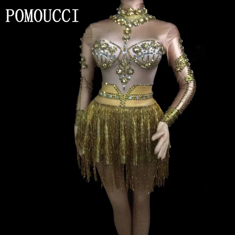 

2020 Women New Sexy Stage Gold Tassel Short Dress Sparkling Crystals Stage Performance Stage Wear Dancer Bling Singer Costumes