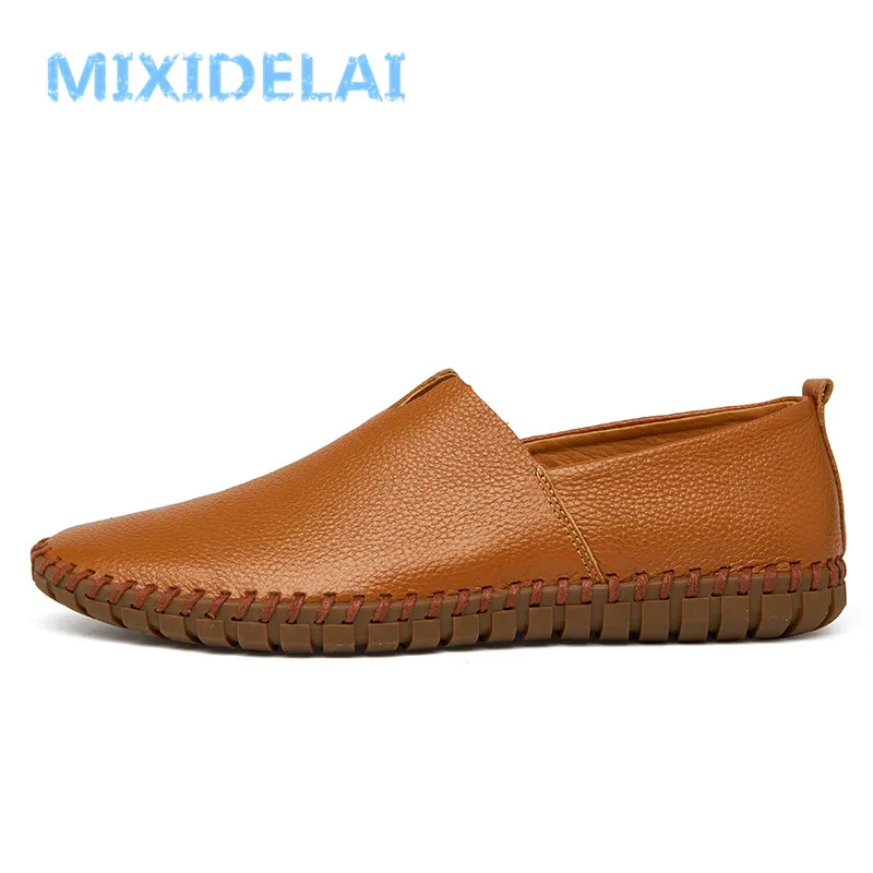 MIXIDELAI Genuine Cow Leather Mens Loafers Fashion Handmade Moccasins Soft Leather Blue Slip On Men\'s Boat Shoe PLUS SIZE 38~47