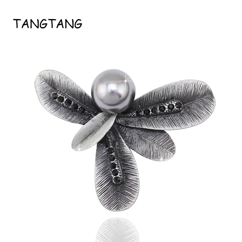 Retro Style Popular Fashion Men Women Handmade Gray Simulated Pearl Black Matte Plated Rhinestone Brooch Pin, Item NO.: BH8122