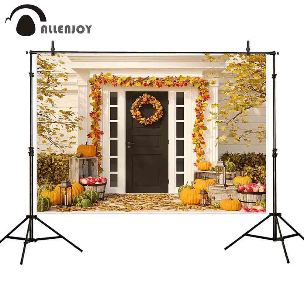 Allenjoy porch door photography backdrop fall pumpkin yellow leaves background photo shoot props photobooth custom