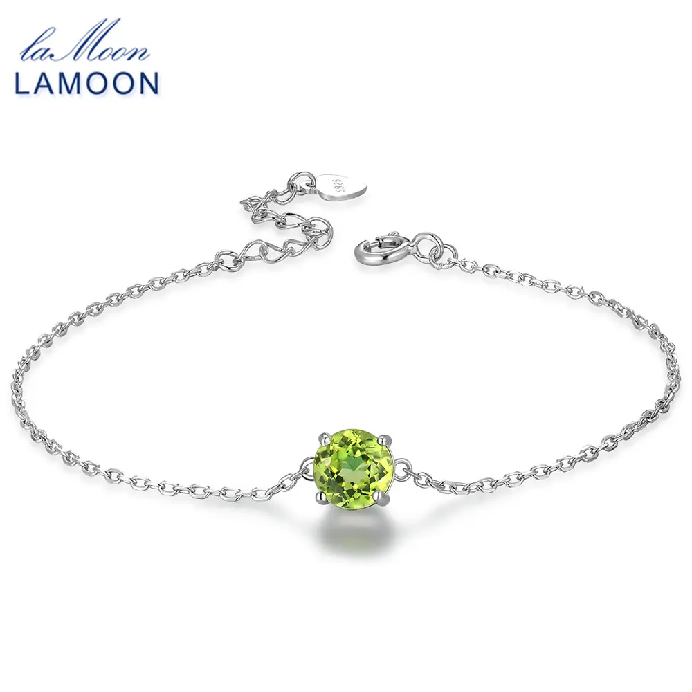 LAMOON 7mm Natural Round Cut Peridot 925 Sterling Silver Jewelry  Chain Charm Bracelet S925 LMHI039