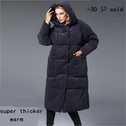 5XL fashion Winter velvet fabric over the knee longer real duck down coat female hooded double breasted warm down coat wq116