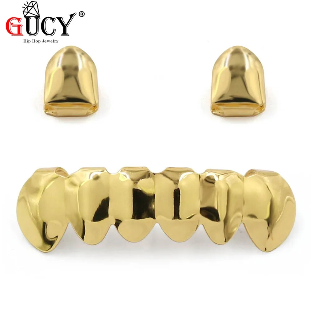 GUCY New  Fit Hip Hop Rose Gold Color Plated Mouth Grillz Caps 2pcs Single Top & 6 Teeth Bottom Set Black Gun Grills